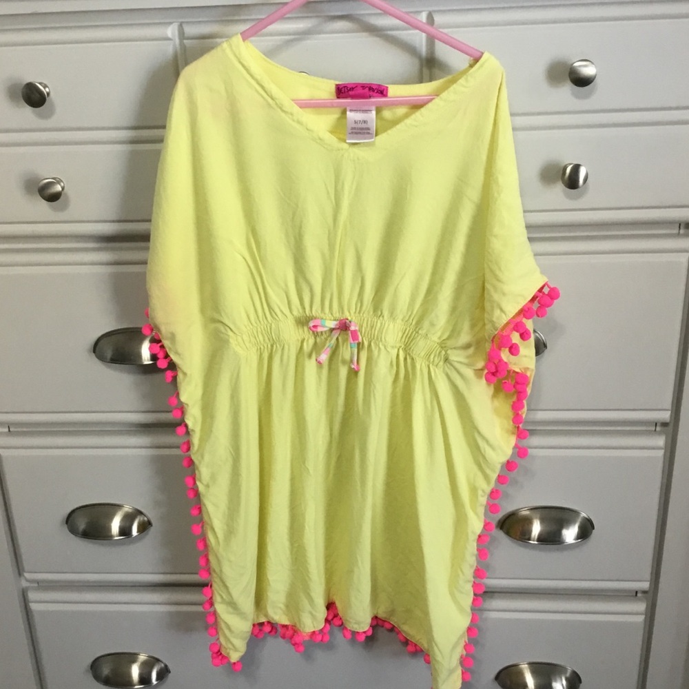 Girls Betsey Johnson Yellow Pink Pom Pom Swim Cover Up S(7/8)